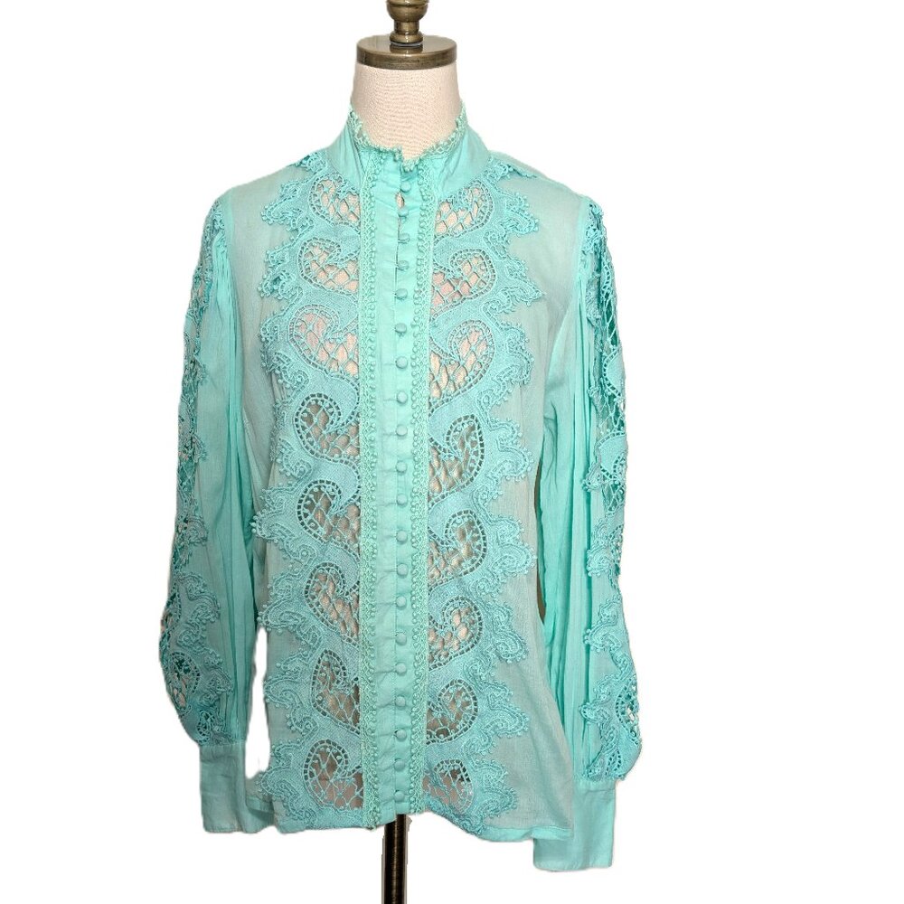Boston Proper Lace Insert Drama Sleeve Blouse Size M Mint Green Button Front